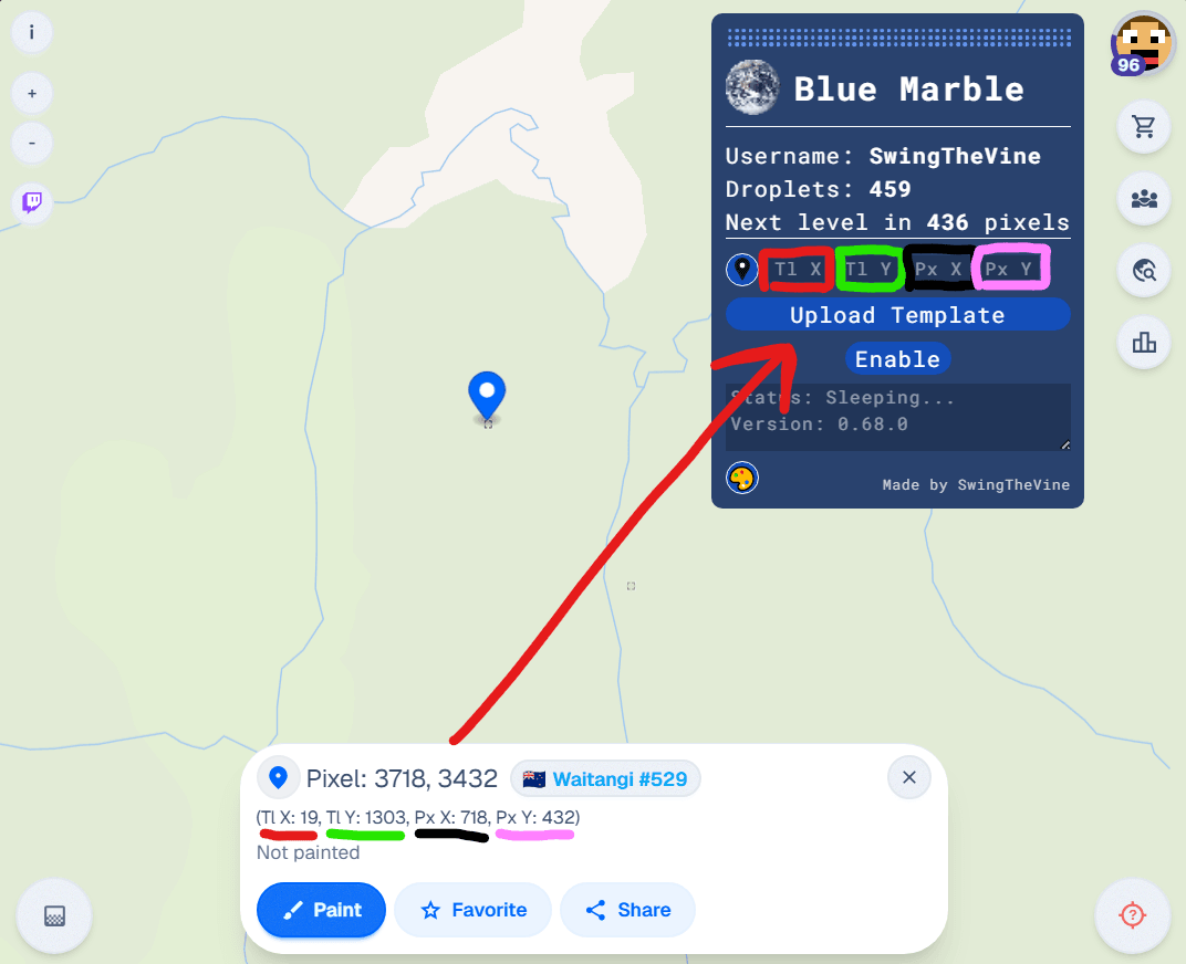 Blue Marble Wplace 템플릿 설정 좌표 - 타일 및 픽셀 좌표 시스템을 보여주는 단계별 가이드
